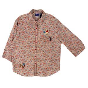 NWOT POOH DISNEY Top Shirt L Pink Multi Tiger Embroidery Floral 3/4-Slv CurveHem